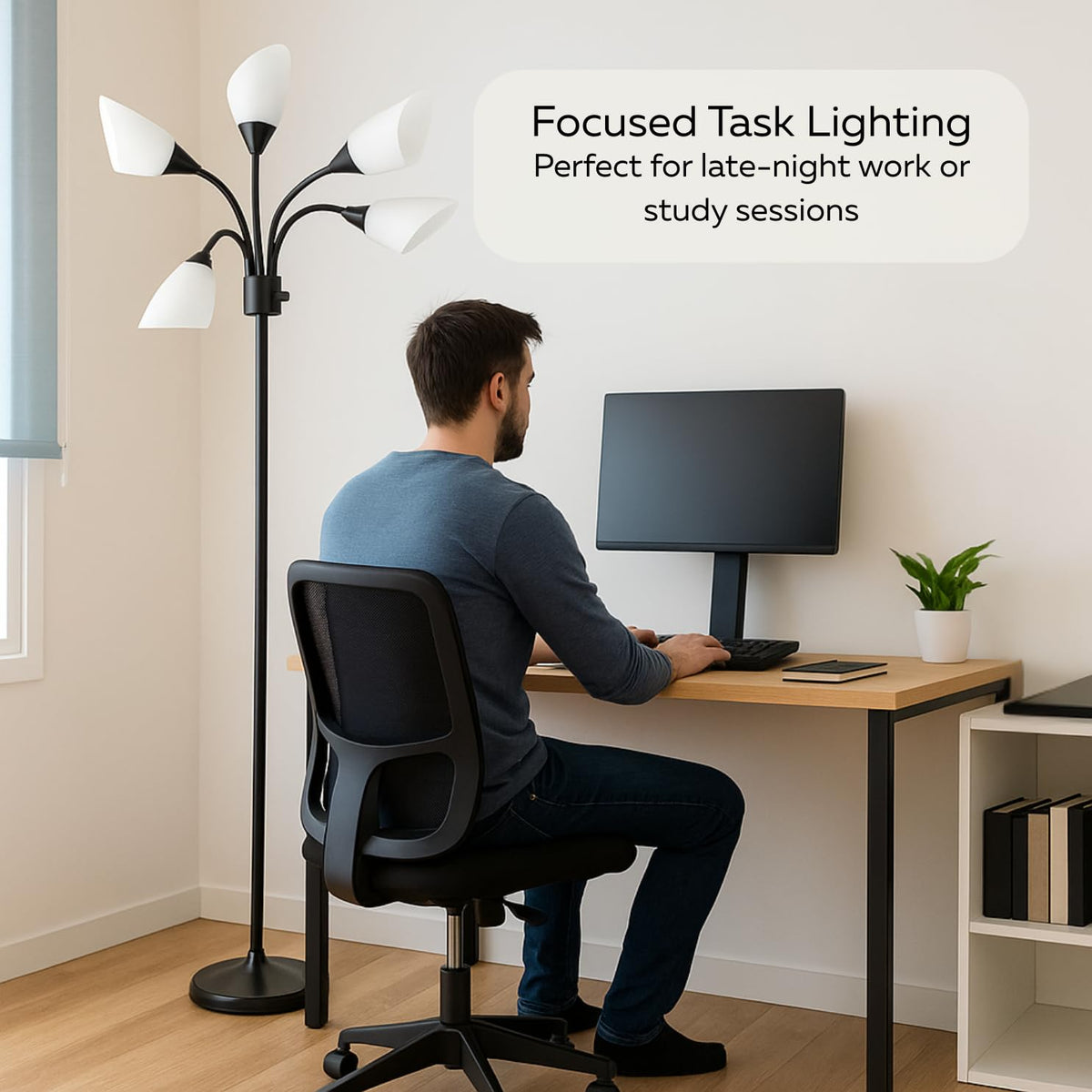 Multi-Head 5-Light Floor Lamp, Adjustable Standing Lamp with 3-Mode Switch, White Acrylic Shades, Black Finish, Perfect Floor Lamps for Living Room & Bedroom Room Lights