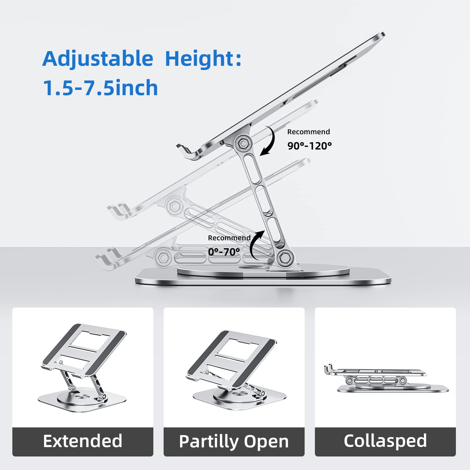 Laptop Stand with 360° Rotating Base, Foldable Adjustable Computer Holder, Ergonomic Design Compatible with MacBook Air Pro, Dell XPS, HP, Lenovo More 10-17" (A-Silver)