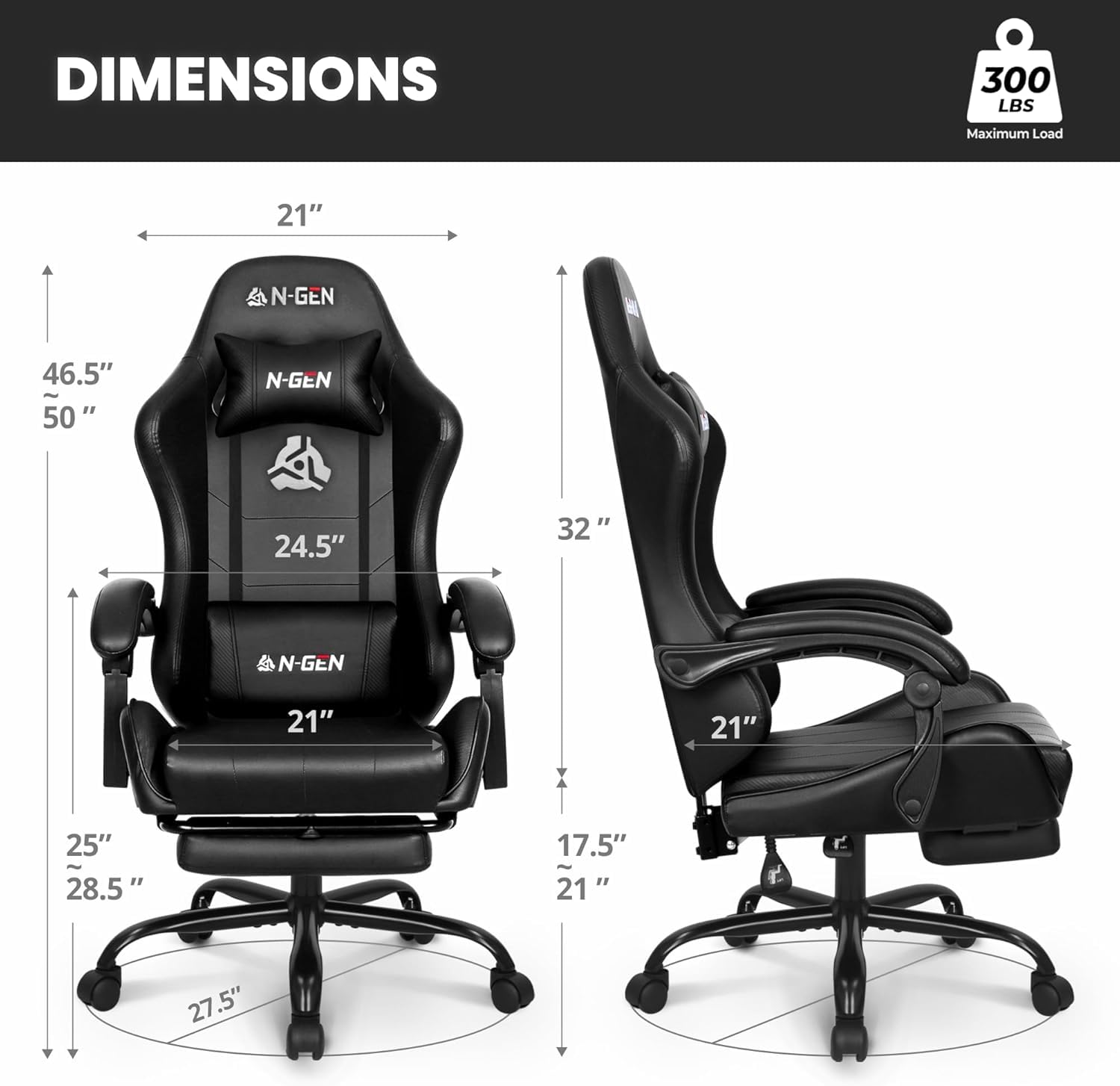 Gaming Chair with Footrest Lumbar Support for Home Office High Back Recliner Height Adjustable Ergonomic Comfy Leather Computer Desk Chair (Carbon Black)
