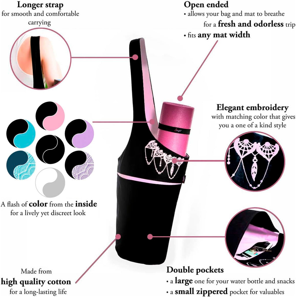 Yoga Mat Bag & Carrier with Pockets for Women, Black & Pink