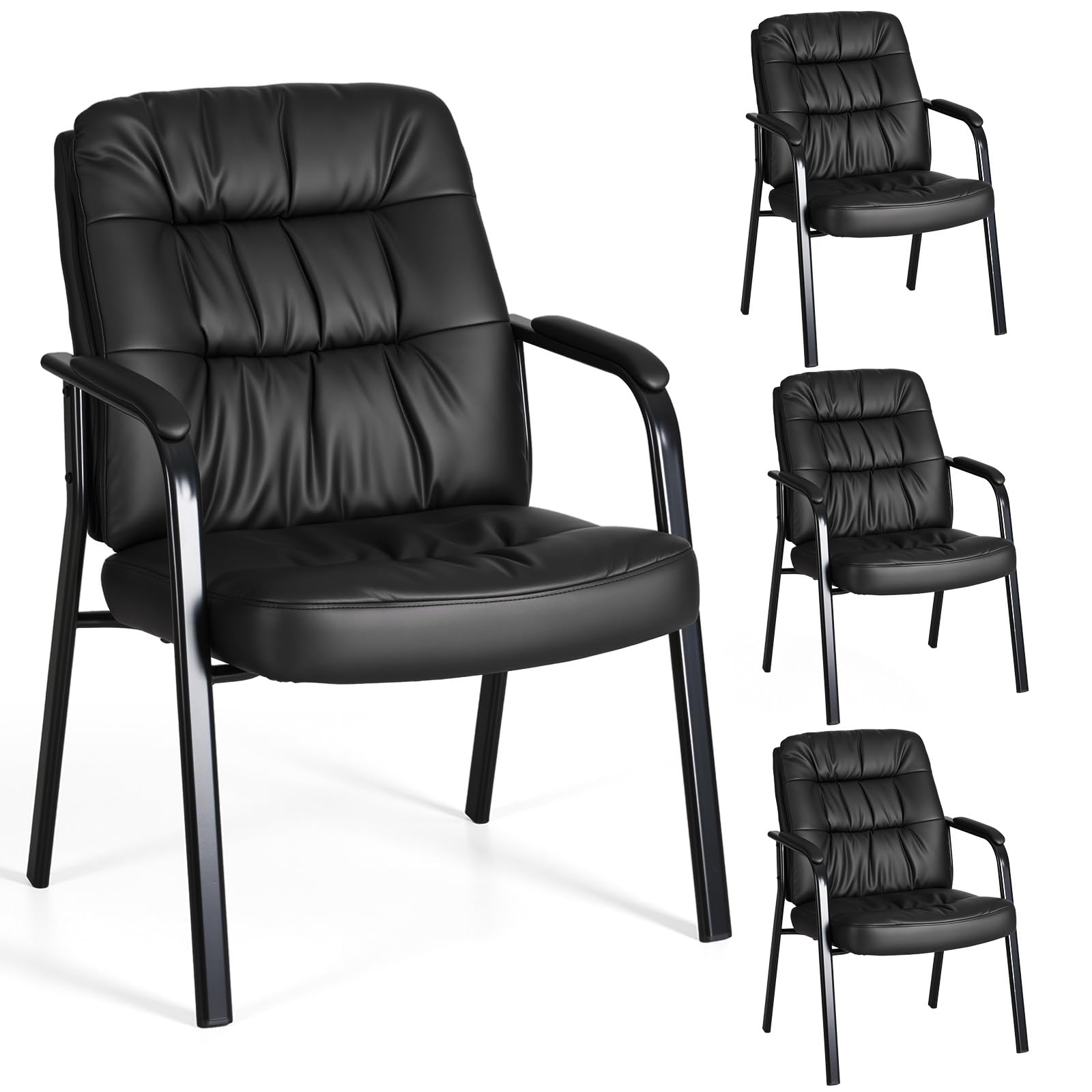 Waiting Room Guest Chair Set of 4, 500lbs PU Leather Ergonomic Office Desk Reception Chair No Wheels with Padded Armrest for Conference Lobby Medical Waiting Area Bedroom, Black