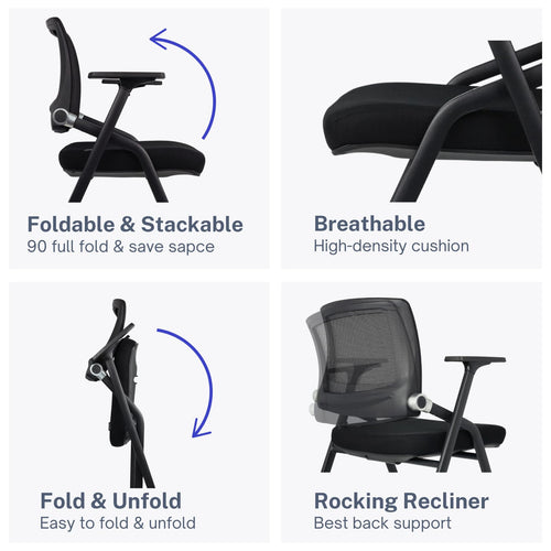2 Pack Foldable Office Chairs with Wheels, Mesh Back, Arms and Portable - Folding Office Chairs for Conference Room Chair, Office Guest & Reception & Meeting Chair - (Black) 300 lbs.
