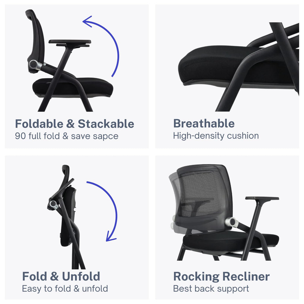 4 Pack Foldable Office Chairs with Wheels, Mesh Back, Arms and Portable - Folding Office Chairs for Conference Room Chair, Office Guest & Reception & Meeting Chair - (Black) 300 lbs.