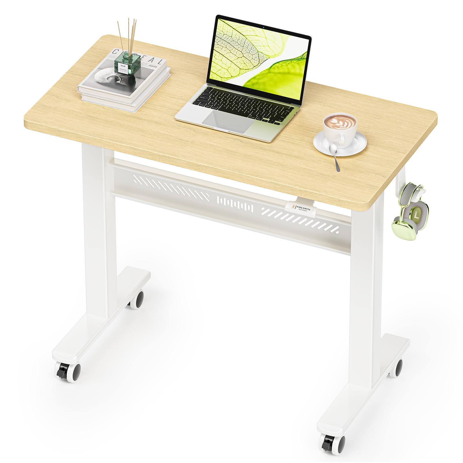 Mobile Walking Pad Desk with Wheels, Pneumatic Small Rolling Standing Desk Riser Height Adjustable (28-43.7") for Treadmill, Portable Computer Table for Home Office, Oak