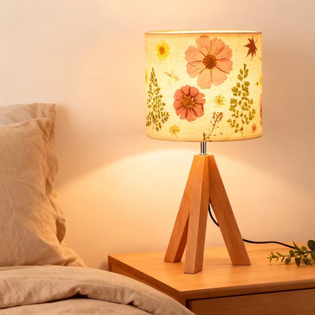 Dried Flowers Tripod Table Lamp 14.96in, 9W LED Dimmable Cute Bedside Lamp with Flowers Linen Lampshade for Nursery, Bedroom, Kid Room, Living Room, Light Brown Wooden Base