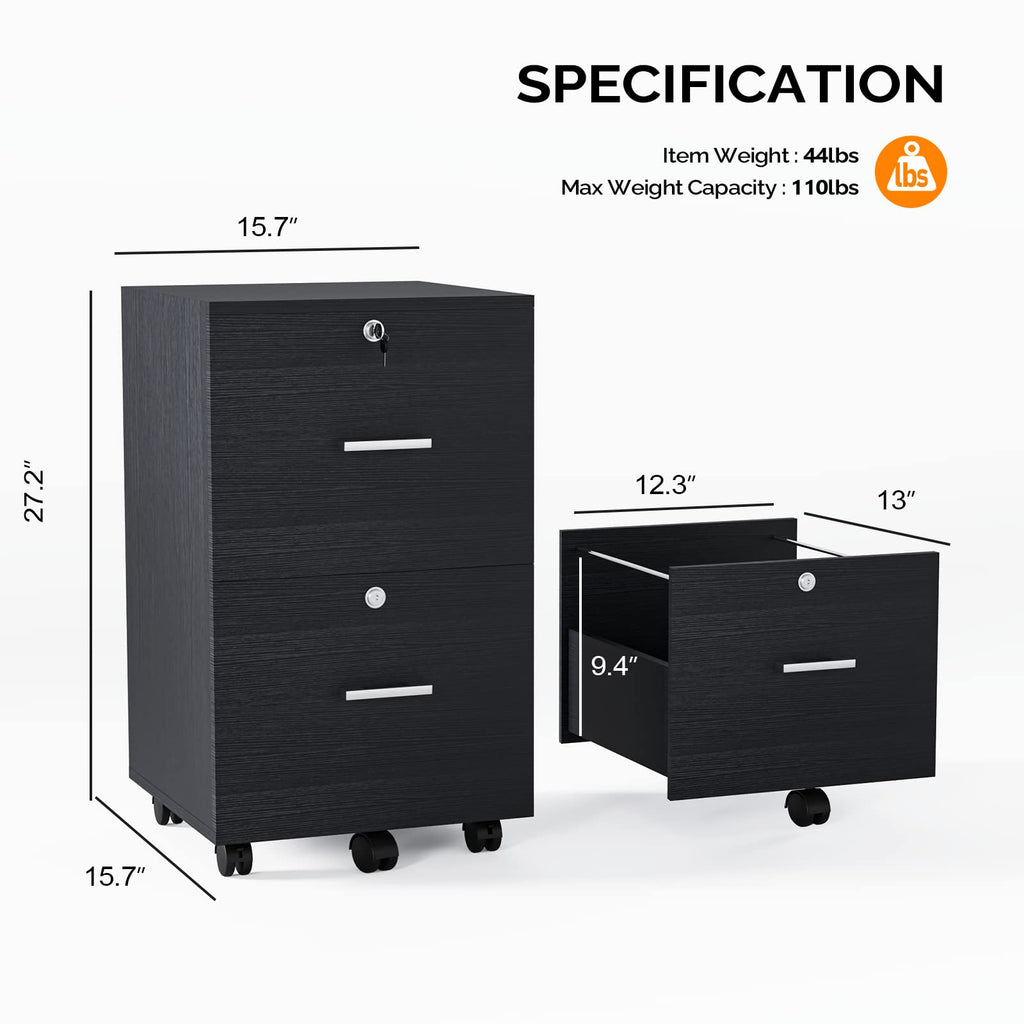 2-Drawer File Cabinet with Lock, Small Rolling Wood Filing Cabinet for Hanging Letter Size Filings with Tabs, Mobile Under Desk File Organizer for Home Office, Classic Black, 27.2" H