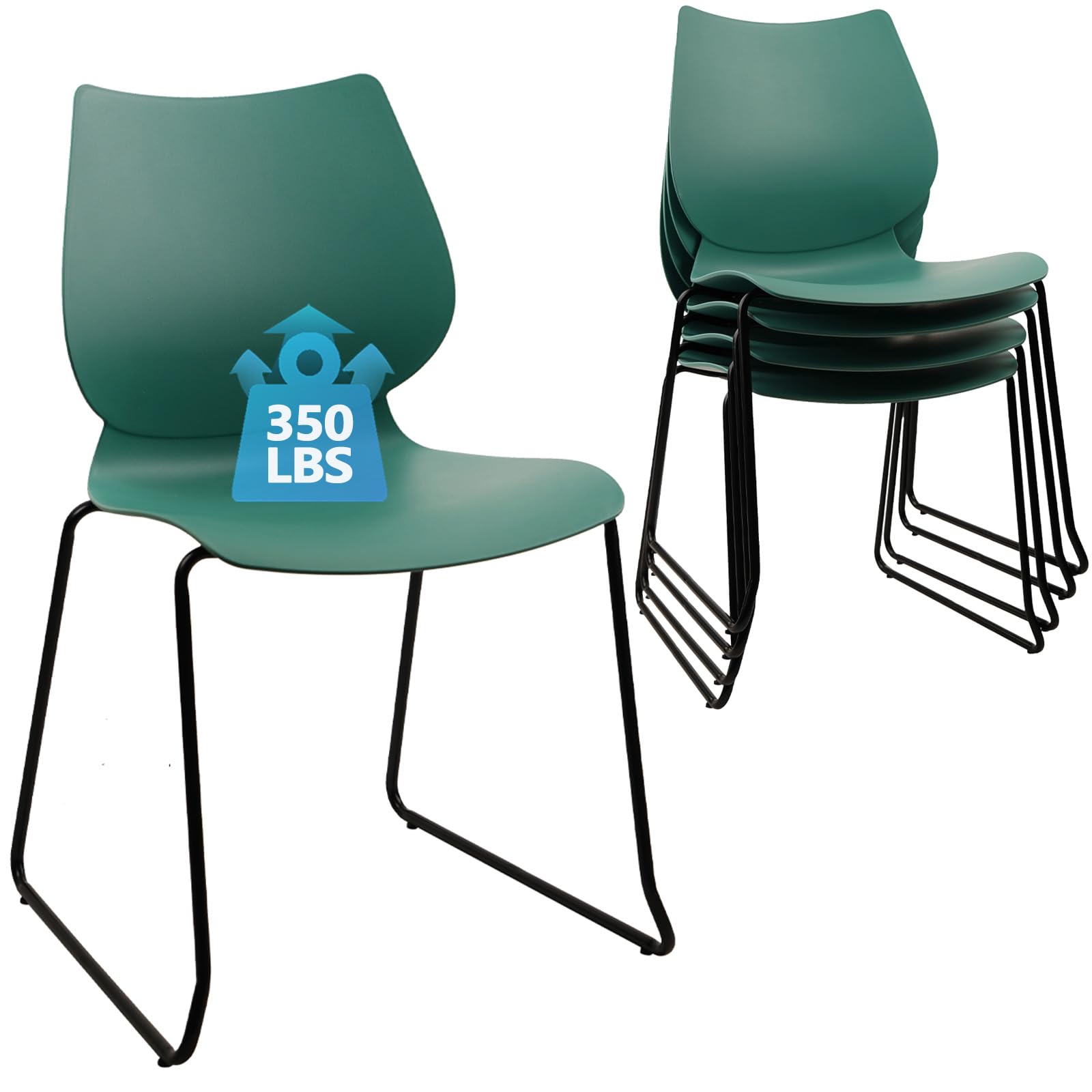 Set of 4, Stackable Waiting Room Chair, Stacking Office Chair with Ergonomic Lumbar Support and Metal Legs, Plastic Desk Chairs for Conference School Church Guest Reception, Green