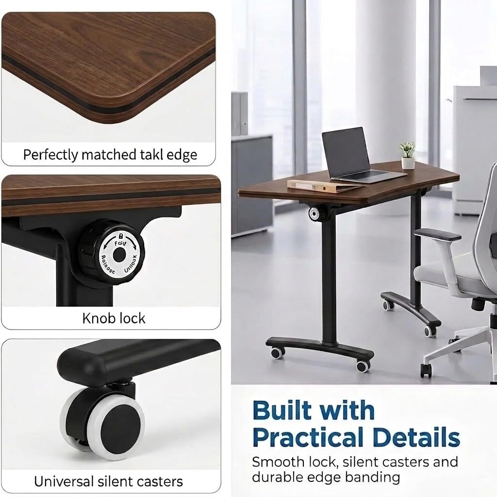 Folding Round Conference Table with Wheels, Flip Top Training Desk, 360° Lockable Casters, Stackable Nesting Mobile Seminar Table for Office Classroom,Walnut,40in,12