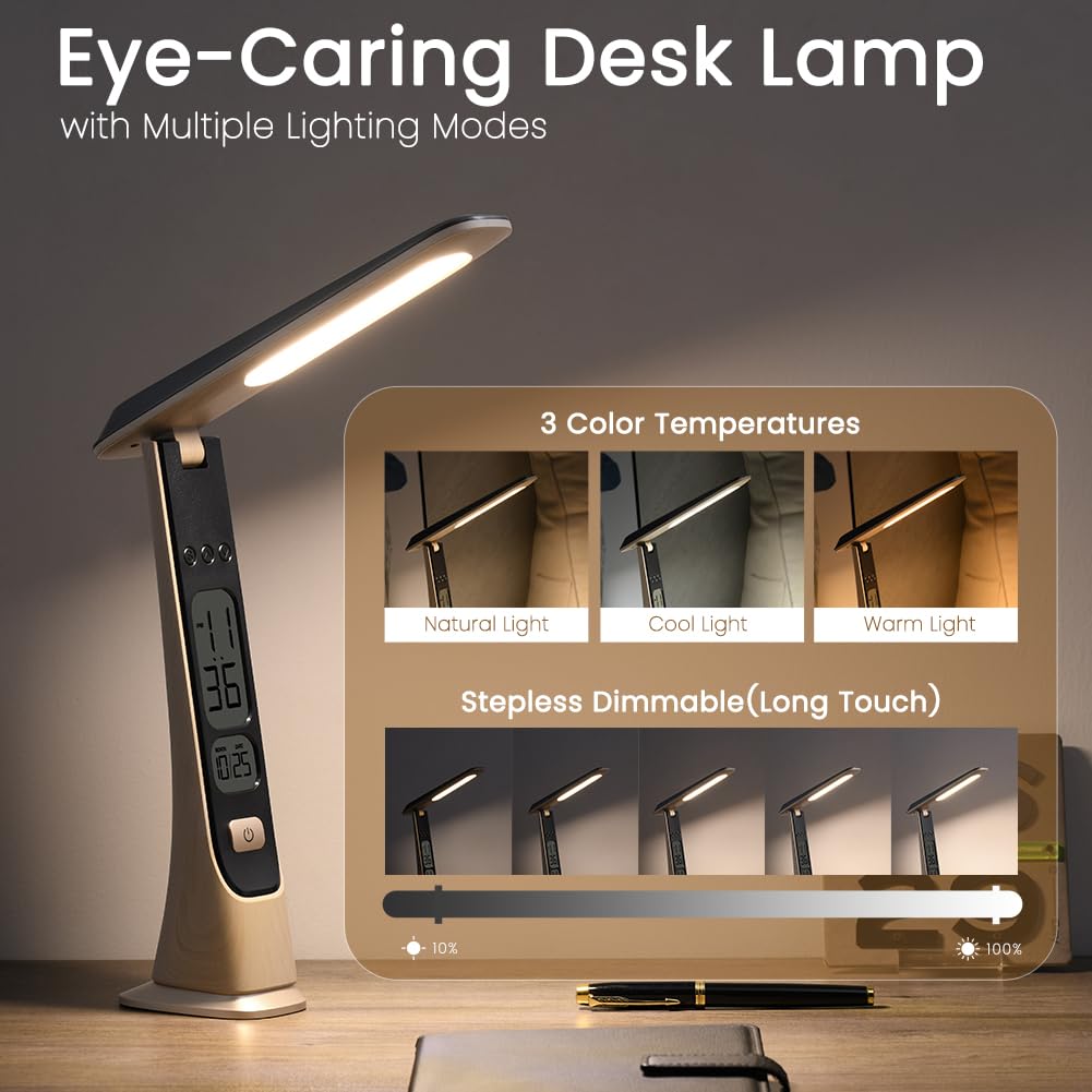 Rechargeable Lamps Cordless Table Lamp, Foldable Portable Desk Lamp, Battery Operated Lights with Stepless Brightness&Time Display for Home Office, Book Lights, Desk Accesories, Tea White