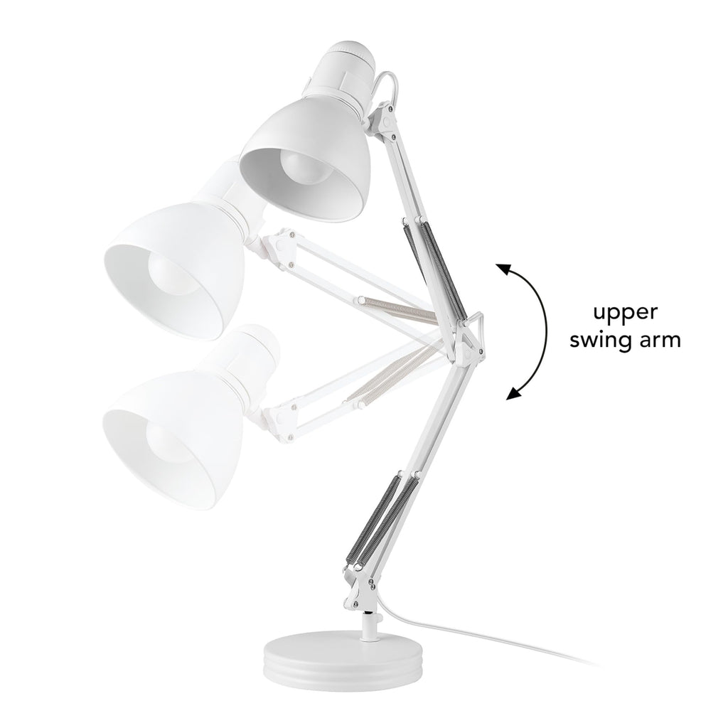 28" Swing Arm Architect Desk Lamp, Matte White, Rotary Switch on Shade, Partially Adjustable Arm, Modern Lighting for Bedroom or Office, Timeless, Indoor Lights