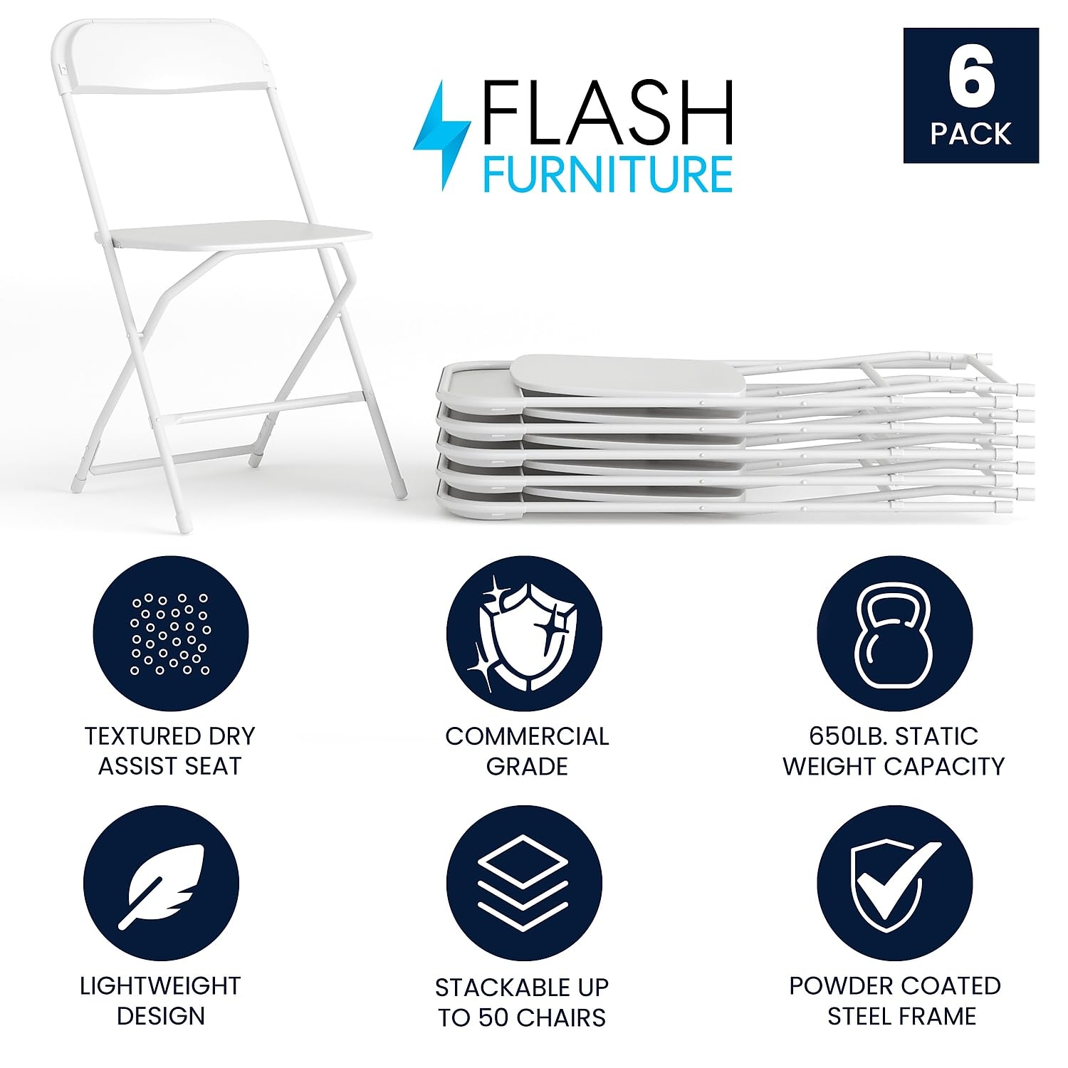 Set of 6, Hercules Series Plastic Folding Chairs for Parties and Weddings, Stackable Commercial Event Seats with 650-lb. Static Weight Capacity, White