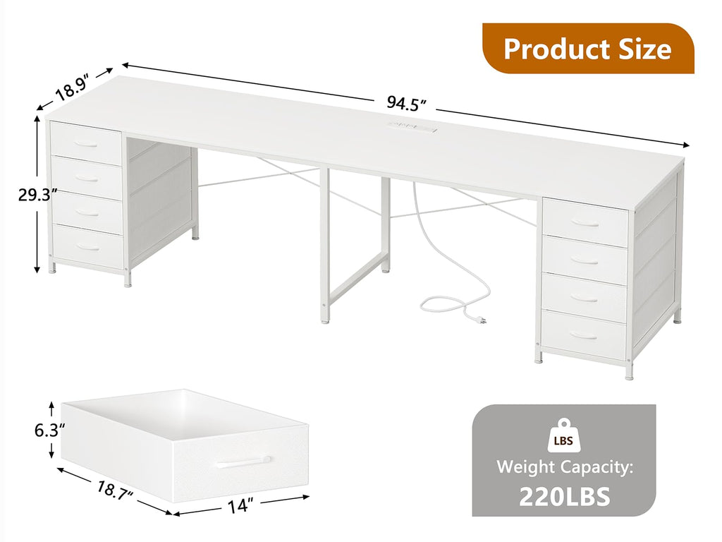 95'' Two Person Desk with 8 Drawers, Long Computer Desk with Charging Station, 2 Person Desks Double Desk Writing Study Table for Home Office, White