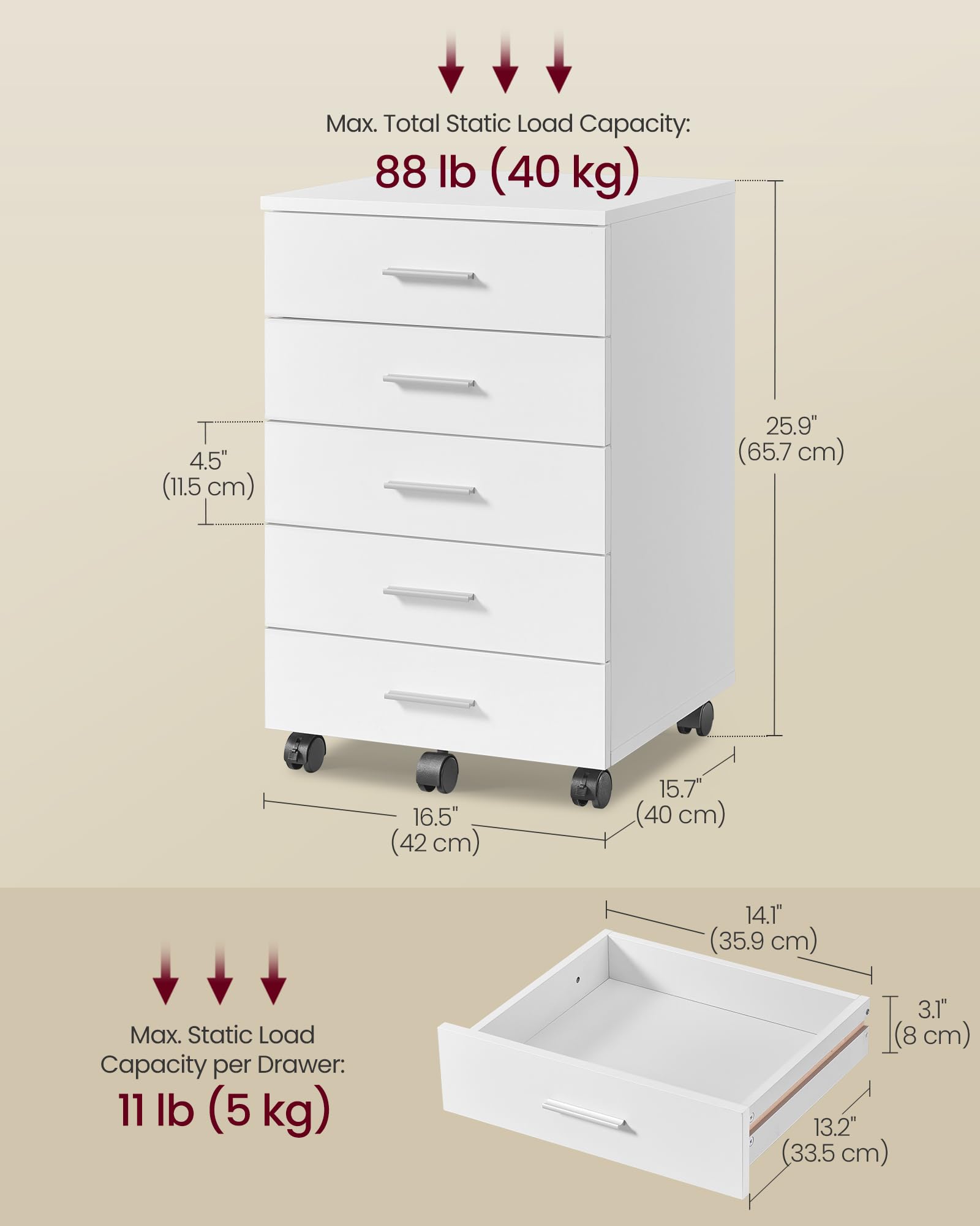 File Cabinet, Mobile Pedestal Filing Cabinet with Wheels, Printer Stand with 5 Drawers, Tool-Free Sliding Rails, for Study, Home Office, Cloud White