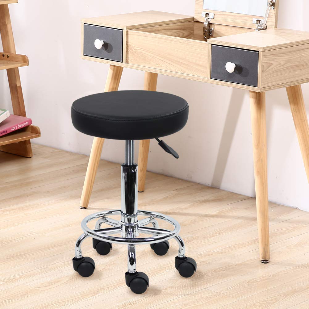 PU Leather Round Rolling Stool with Foot Rest Swivel Height Adjustment Spa Drafting Salon Tattoo Work Office Massage Stools Task Chair Small (Black)