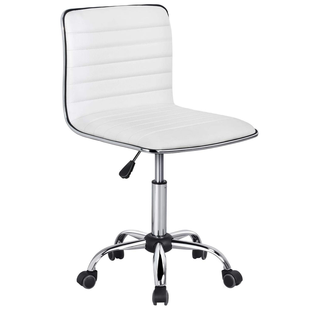 Adjustable Task Chair PU Leather Low Back Ribbed Armless Swivel White Desk Chair Office Chair Wheels