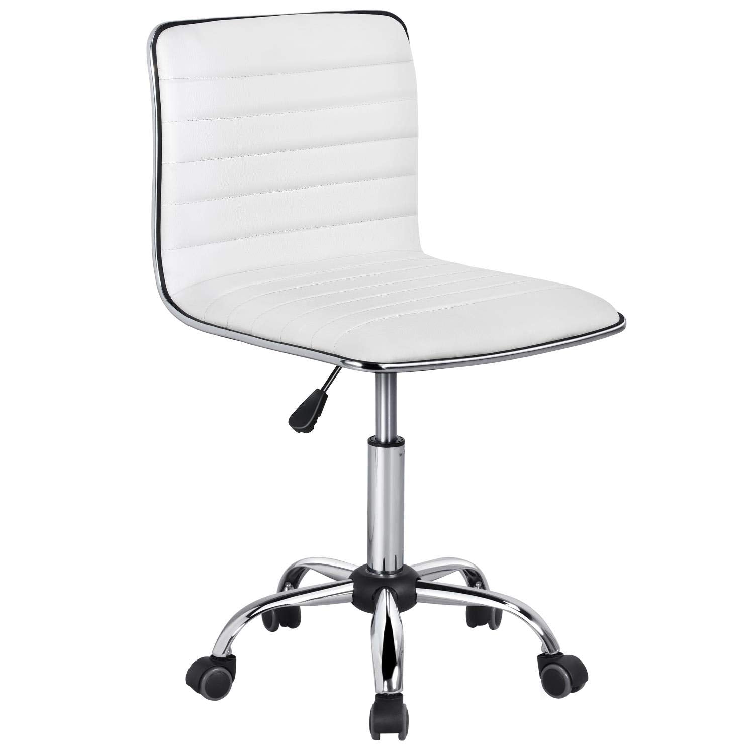 Adjustable Task Chair PU Leather Low Back Ribbed Armless Swivel White Desk Chair Office Chair Wheels