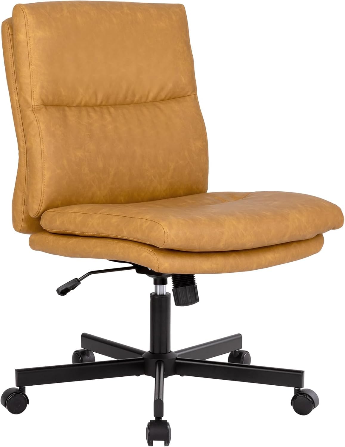 Armless Office Desk Chair with Wheels, Double Padded PU-Leather Chairs, Mid-Back Criss Cross Swivel Task Chair, Height Adjustable Cushioned Vanity Chair for Home, Office & Bedroom (Yellow)