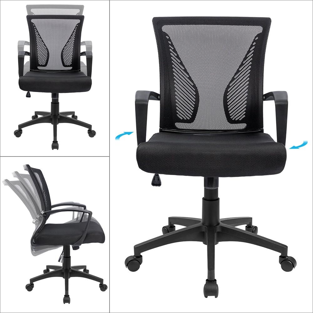 (2, Black) Office Chair Ergonomic Computer Desk Mesh Chair Mid Back Swivel Lumbar Support with Armrest