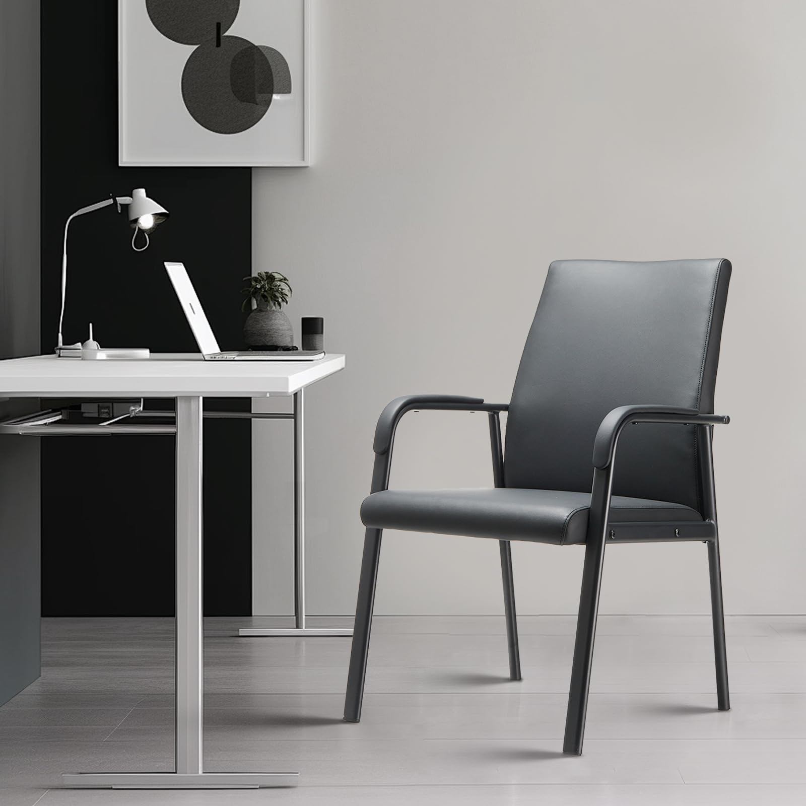 Office Guest Reception Chair 600 lbs Capacity Leather Conference Room Chairs with Padded Armrests No Wheels Desk Chair Black