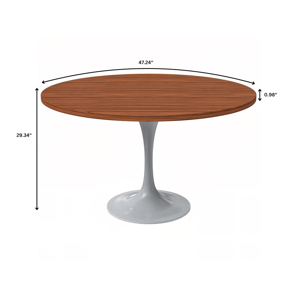 Verve Mid-Century Modern 48 Inch Round Dining Table, MDF Wood Tabletop with White Steel Pedestal Base, Large Pedestal Kitchen & Dining Room Table, Breakfast Nook Table (Cognac Brown)