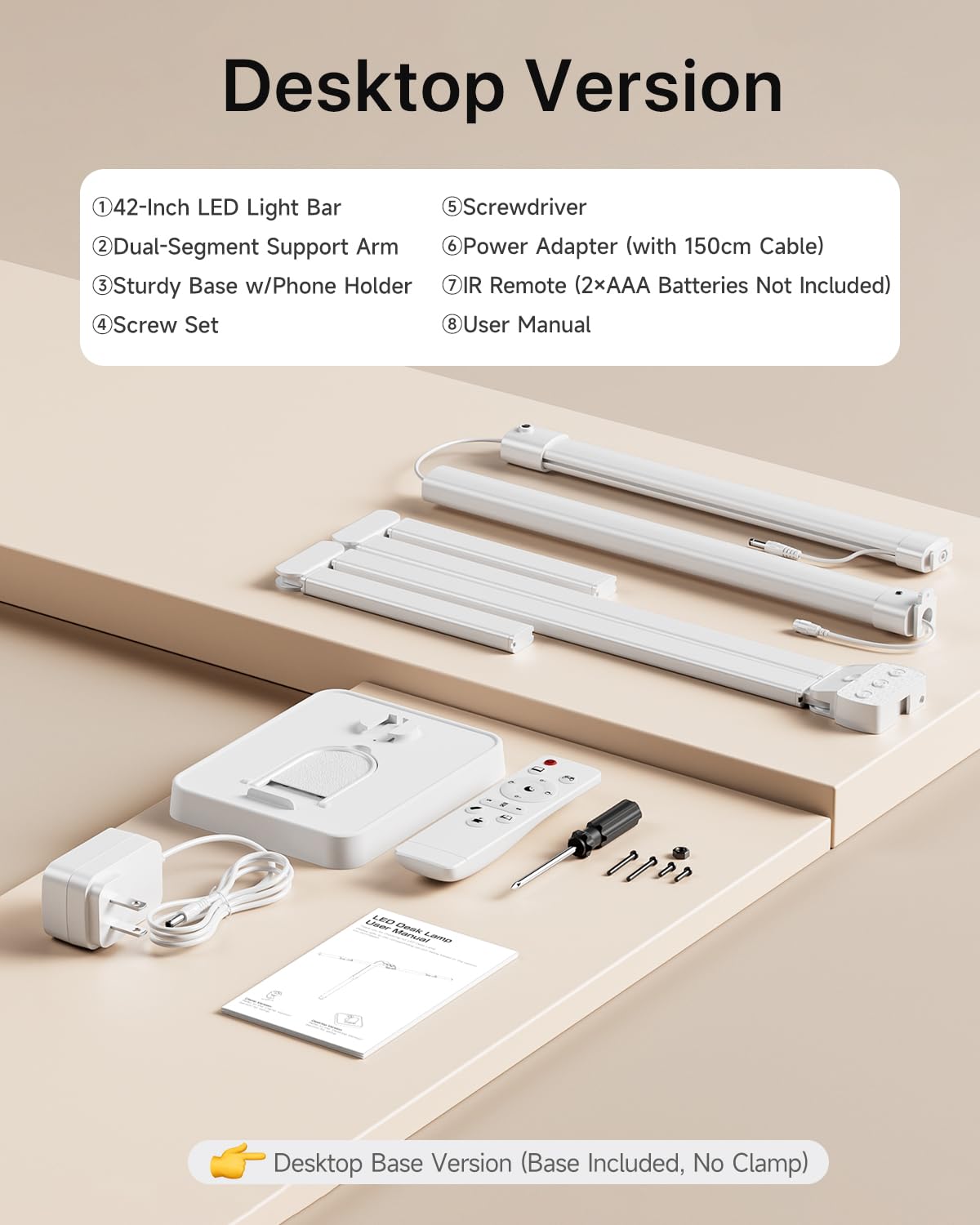 42" LED Desk Lamp for Home Office, Eye-Caring Desk Light with Adjustable 4-Segment Bar, 1800LM Bright, Remote, Architect Table Lamp with Base for Dual Monitors, Reading, Study, Workbench(White)