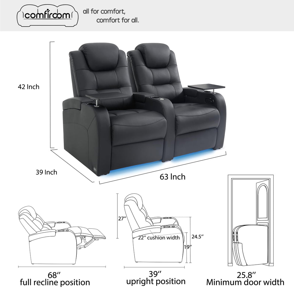 Top Grain Leather Home Theater Seating Seats, Simple Style Dual Power Gaming Sofa Top Grain Leather Movie Theater Chairs Recliner Sofa with Type-C USB Charger (Black, Row of 2)