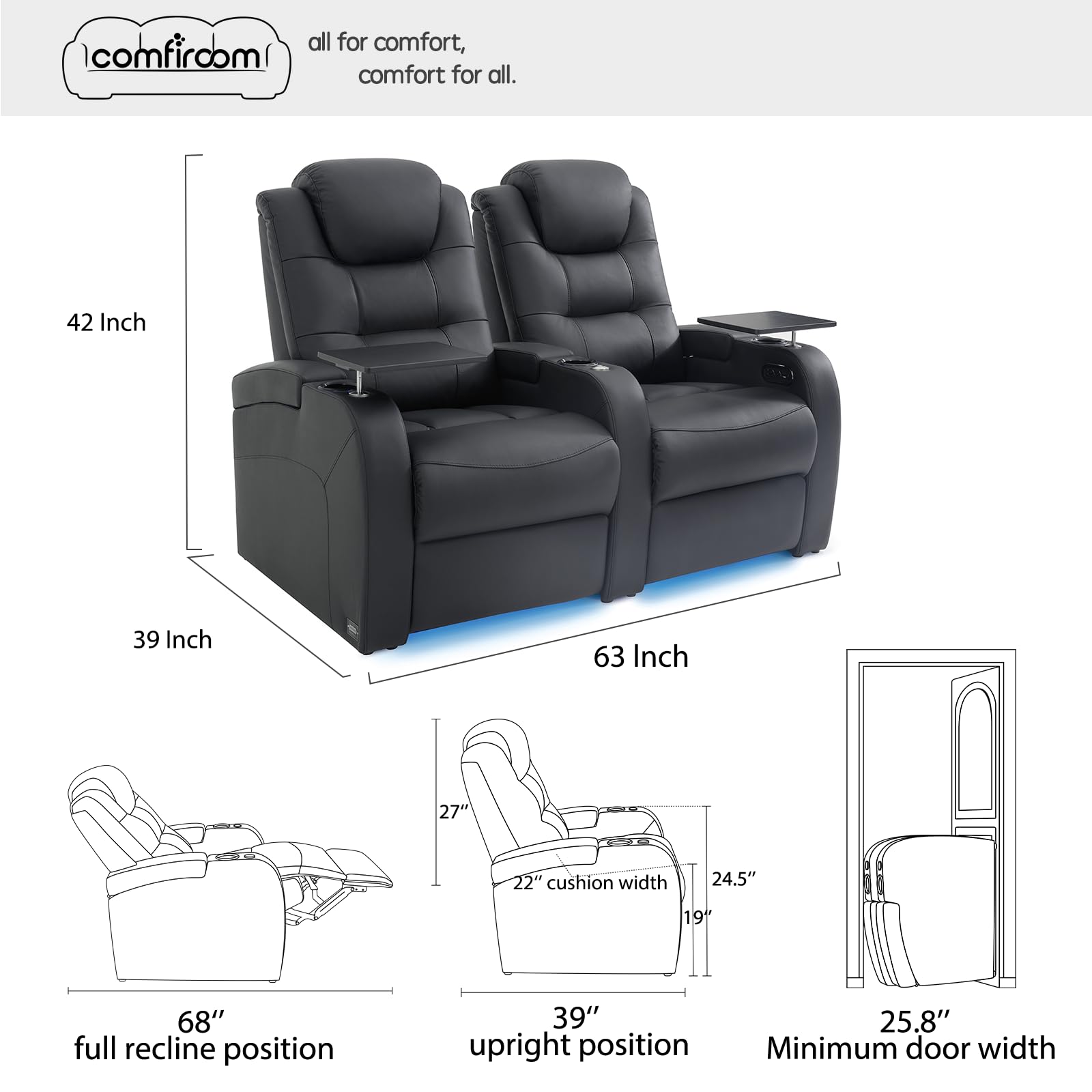 Top Grain Leather Home Theater Seating Seats, Simple Style Dual Power Gaming Sofa Top Grain Leather Movie Theater Chairs Recliner Sofa with Type-C USB Charger (Black, Row of 2)