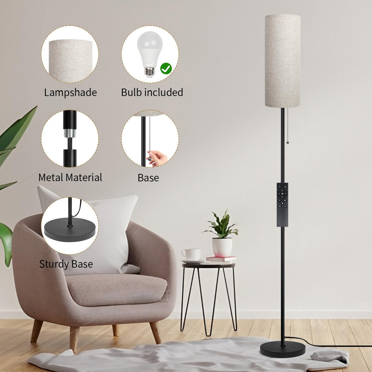 Floor Lamp for Living Room, Modern Standing Lamps with Lampshade, Minimalist Tall Lamp with Chain Switch for Living Room, LED Bulb Included (Beige Shade-Remote Bulb)