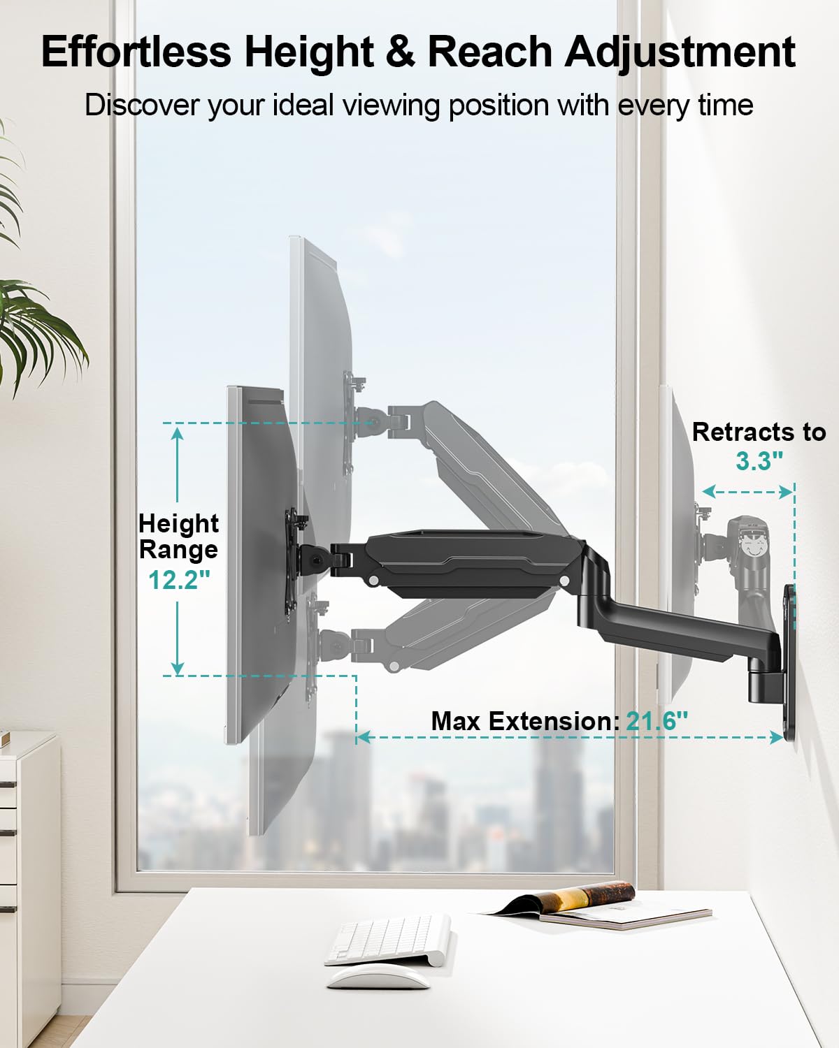 Single Monitor Wall Mount for 13 to 32 Inch Computer Screens, Height Adjustable Wall Mount Monitor Arm Holds Up to 19.8lbs, Full Motion Wall Bracket, VESA Mount 75x75, 100x100, Black