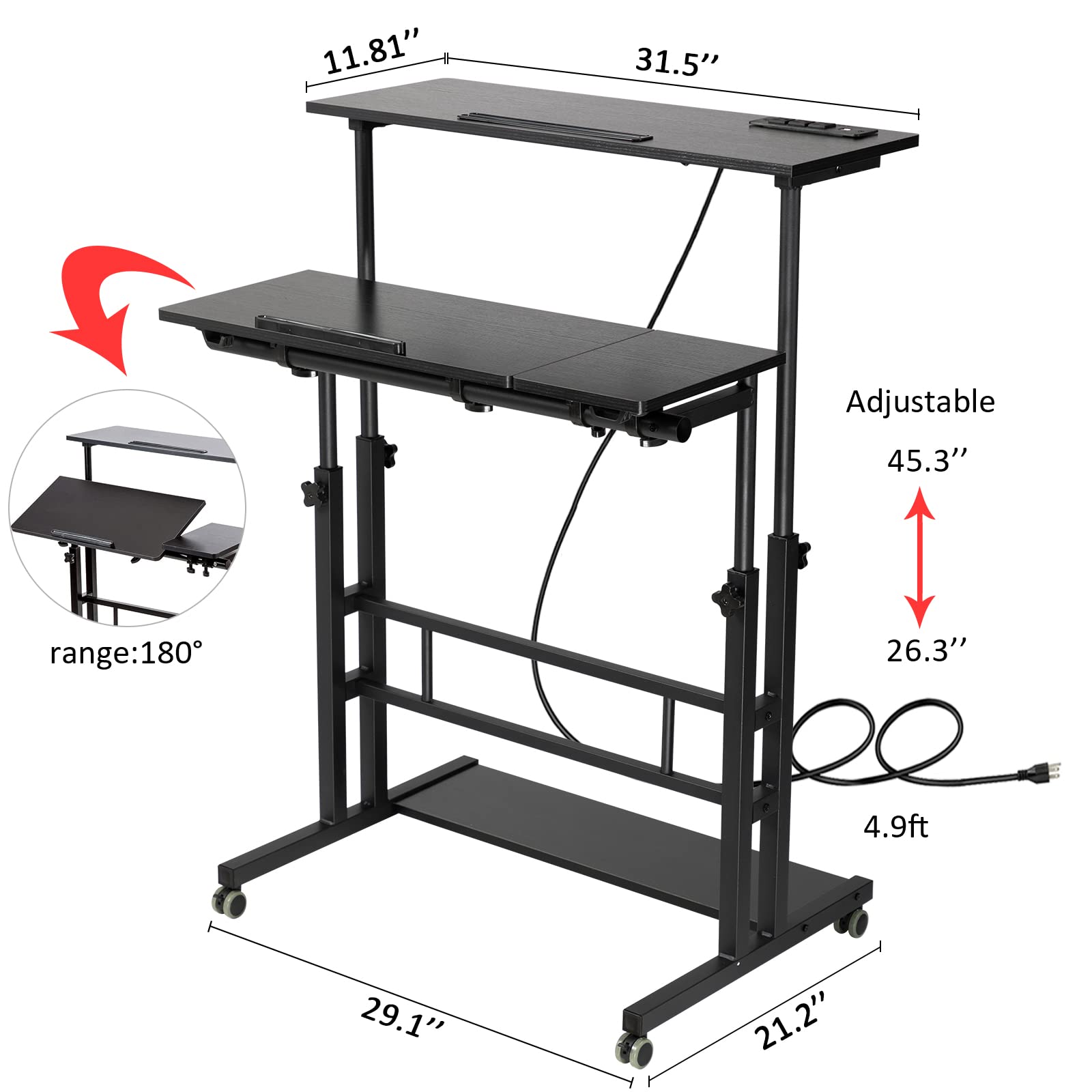 Stand Up Desk, Rolling Desk Adjustable Height, Mobile Standing Desk with Wheels & Charging Station, Portable Stand for Laptop, Rolling Computer Cart TV Tray, Small Standing Desk Drawing Table