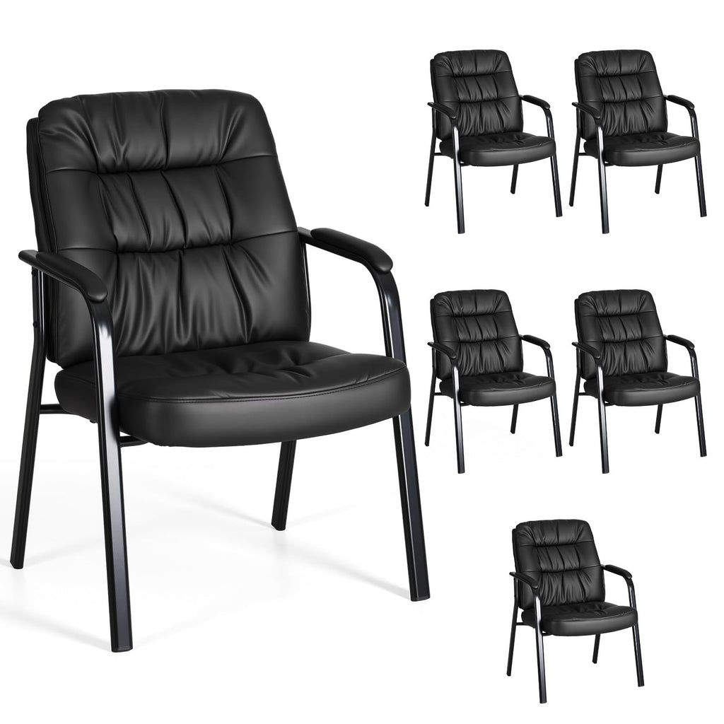Waiting Room Guest Chair Set of 6, 500lbs PU Leather Ergonomic Office Desk Reception Chair No Wheels with Padded Armrest for Conference Lobby Medical Waiting Area Bedroom, Black