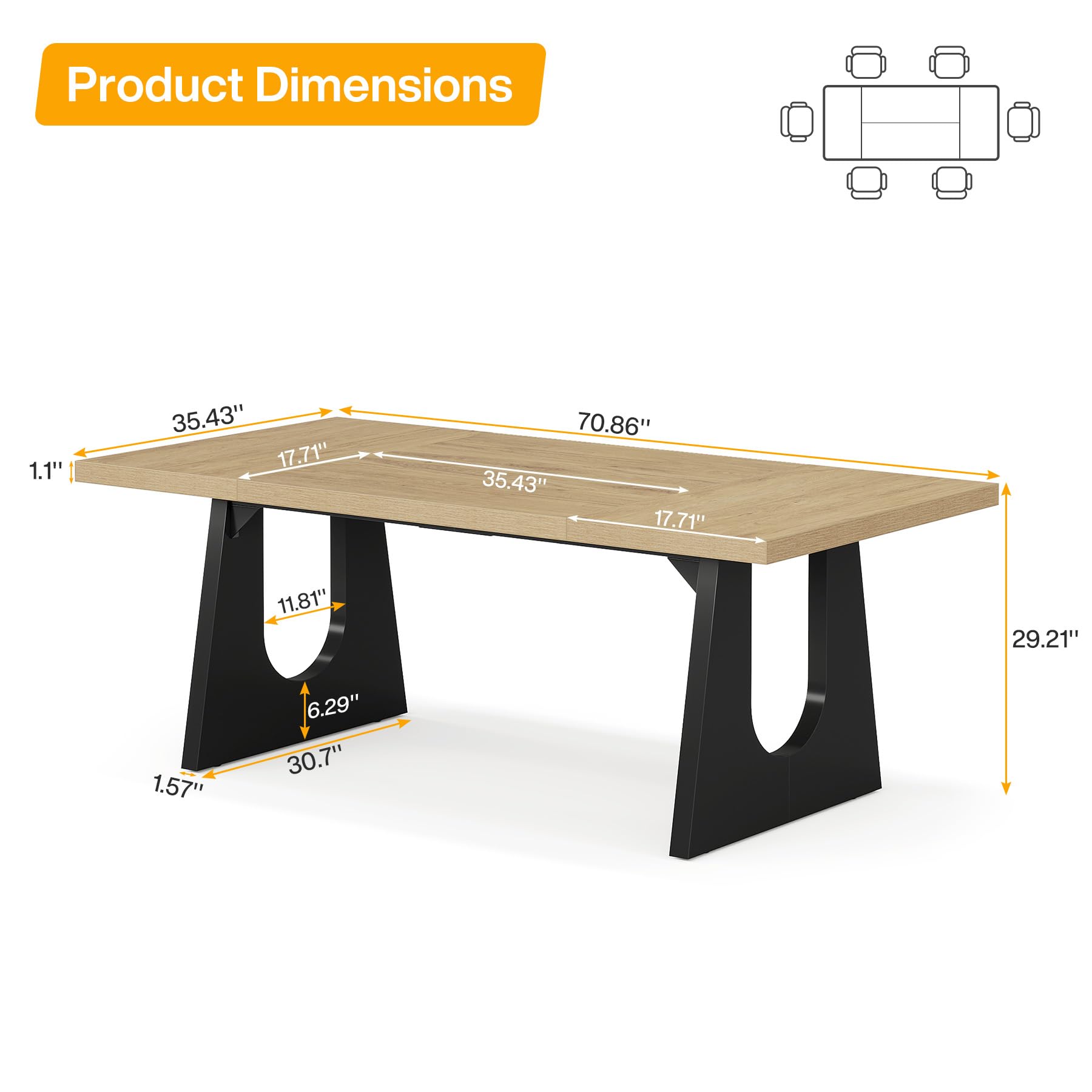 70.86" Rectangular Conference Table for 6-8 (Oak and Black)