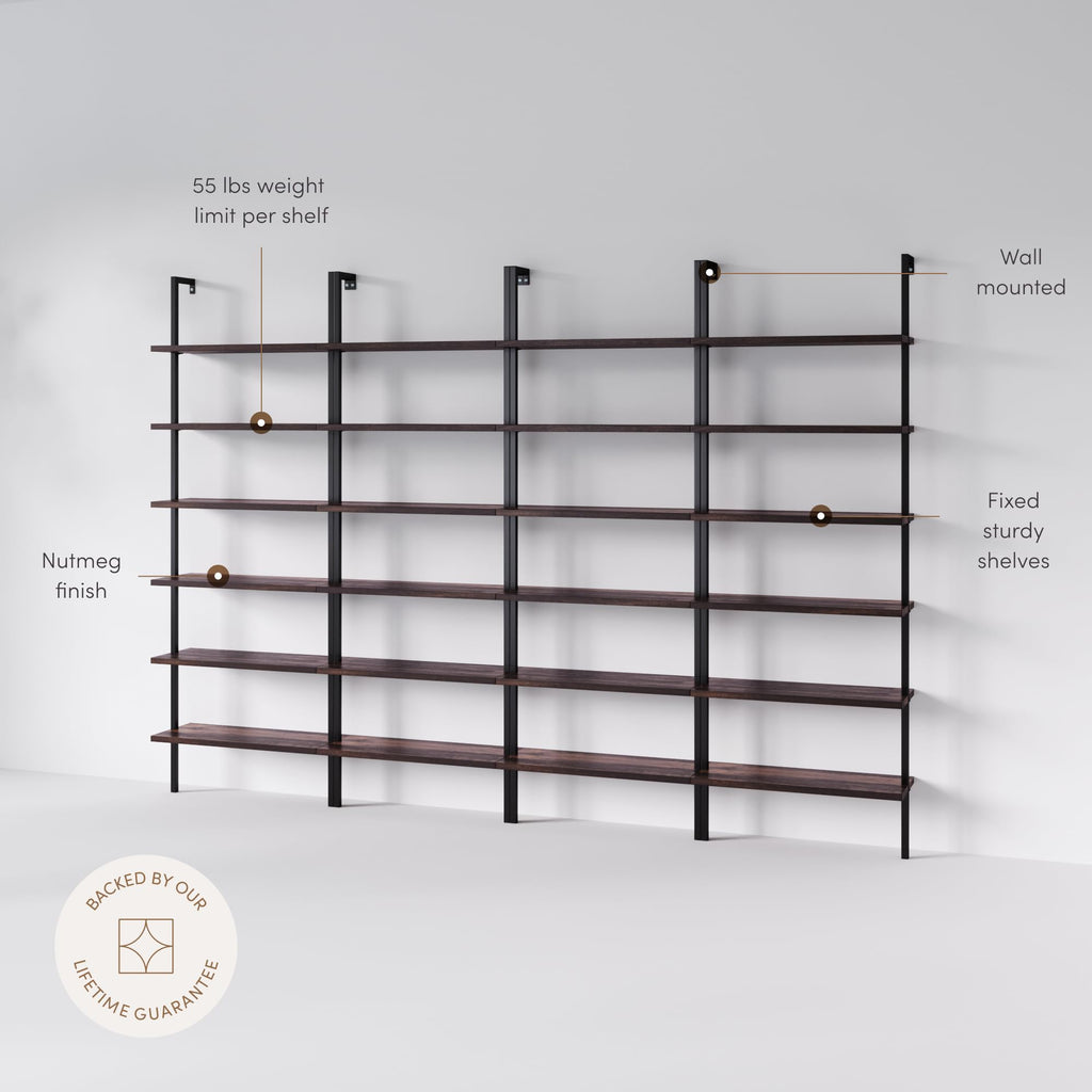 Set of 4, 6-Shelf Tall Bookcase, Wall Mount Bookshelf with Natural Wood Finish and Industrial Metal Frame, Nutmeg/Matte Black