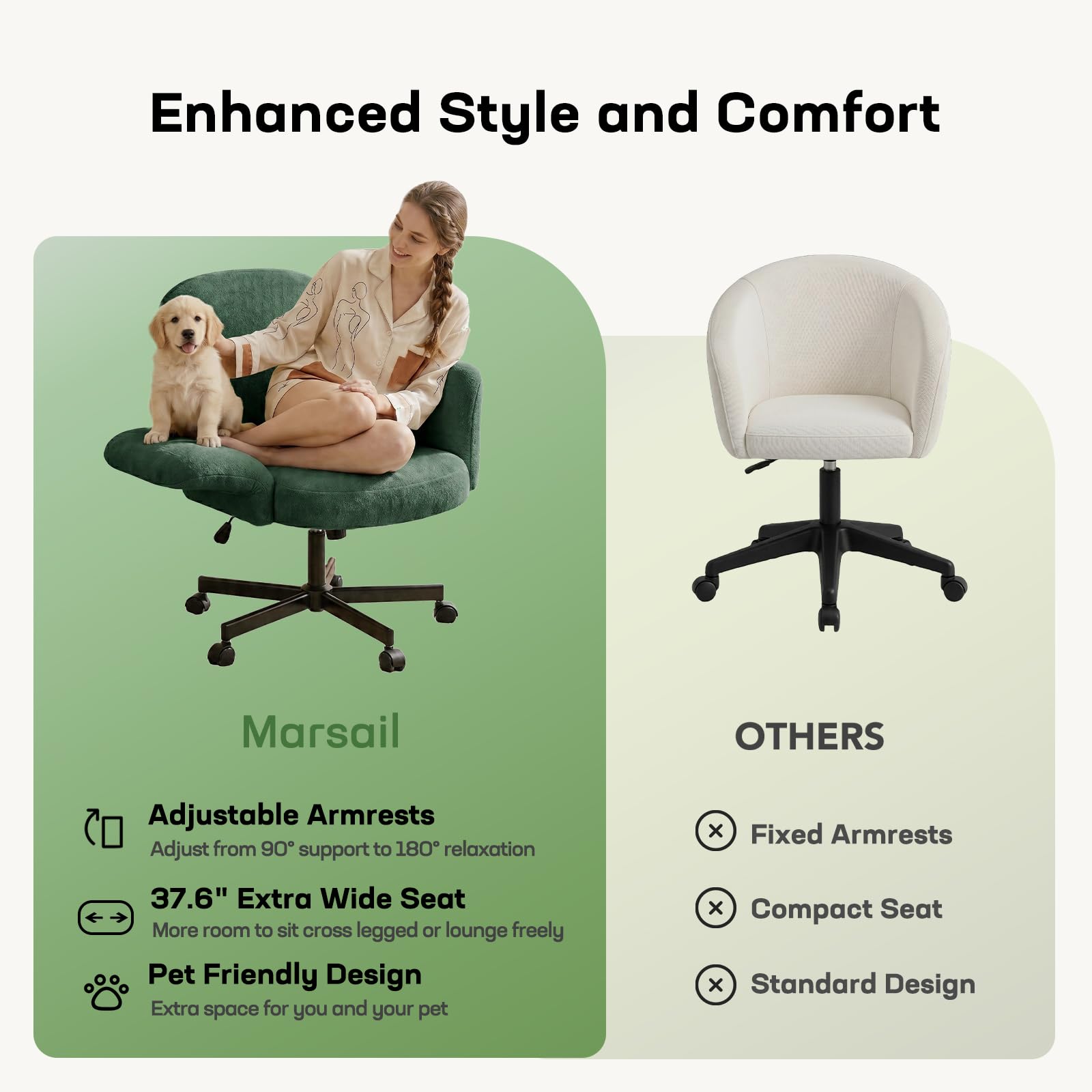 Criss Cross Office Chair with Adjustable Armrests & Wheels, Vanity Chair with Wide Cushion, Reclining Back, Soft Chenille Fabric, Desk Chair for Home Office, Makeup Room, Bedroom, Green