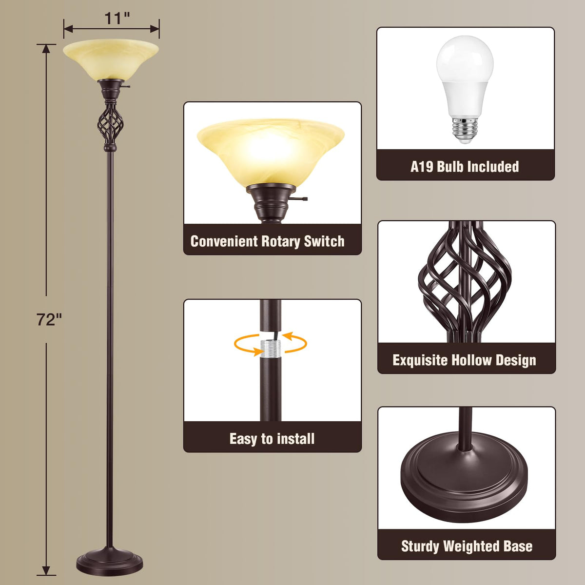 Torchiere Floor Lamp for Living Room, LED Standing Reading Light