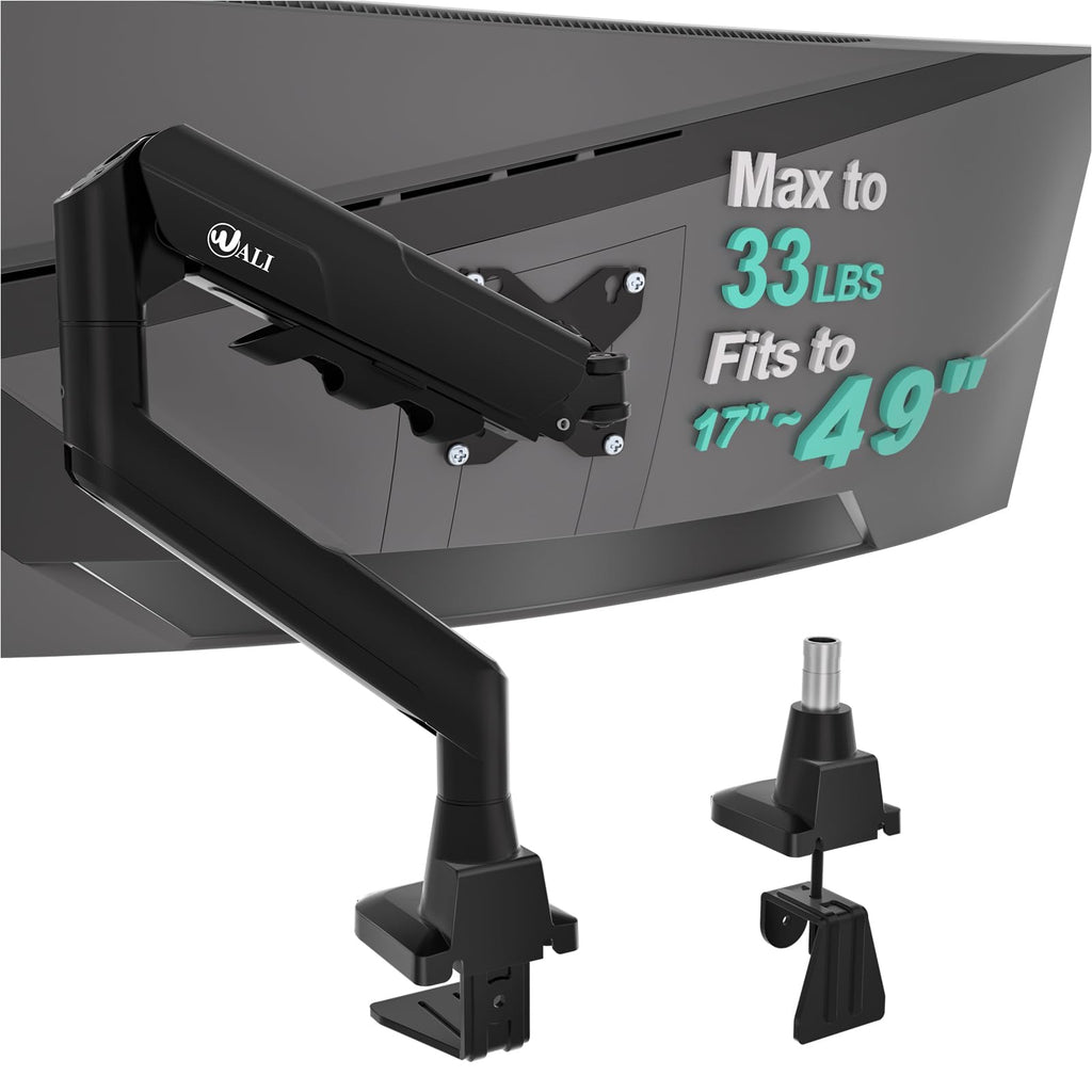Heavy Duty Single Monitor Arm for 17-49 Inch Flat Curved Ultrawide Screens, up to 33 Lbs, Adjustable Single Monitor Desk Mount for Home Office Gaming, VESA 75/100mm (GSM001XLN), Black