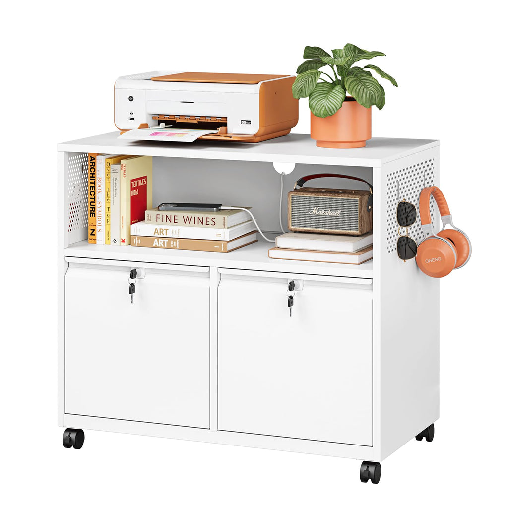 Metal File Cabinet,2 Drawer Lateral Filing Cabinet with Lock,Rolling Printer Stand Storage Cabinets with Shelves for Home Office Letter/Legal/A4 Size Files(White)
