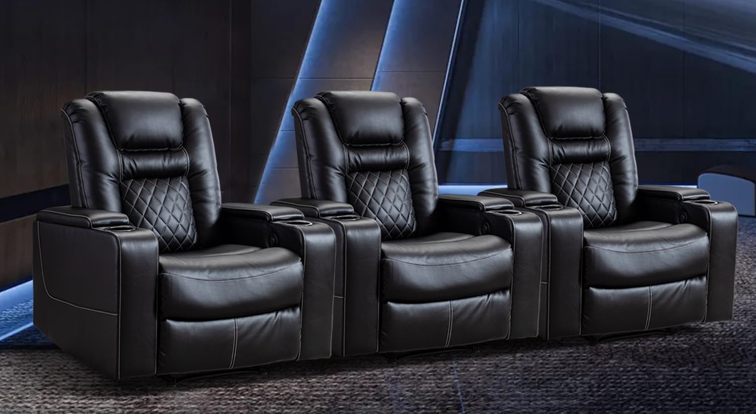 Electric Power Recliner Chair Set of 3, Breathable Leather Home Theater Seating with Hidden Arm Storage, Power Recliner Chair with USB Ports and Cup Holders for Living Room,Black
