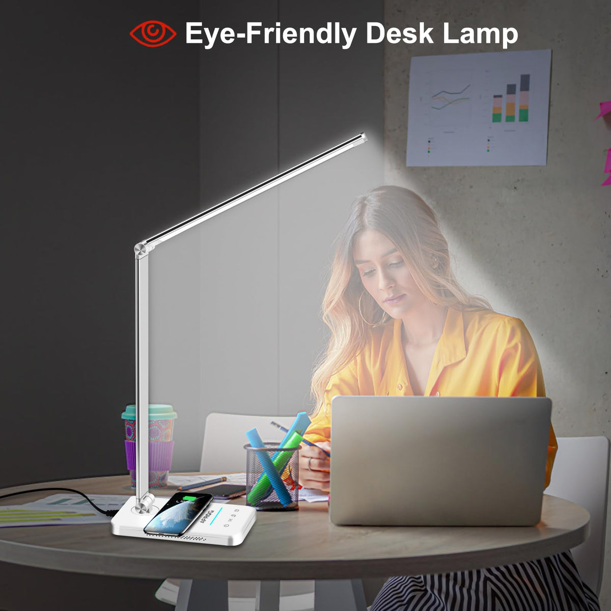 Multifunctional LED Desk Lamp with Wireless Charger, USB Charging Port, 5 Lighting Modes,5 Brightness Levels, Sensitive Control, 30/62 min Auto Timer, Eye-Caring Office Lamp with Adapter