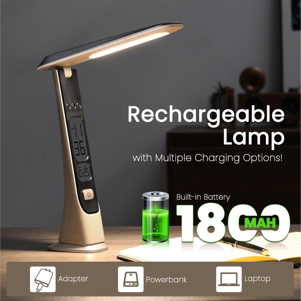Rechargeable Lamps Cordless Table Lamp, Foldable Portable Desk Lamp, Battery Operated Lights with Stepless Brightness&Time Display for Home Office, Book Lights, Desk Accesories, Tea White