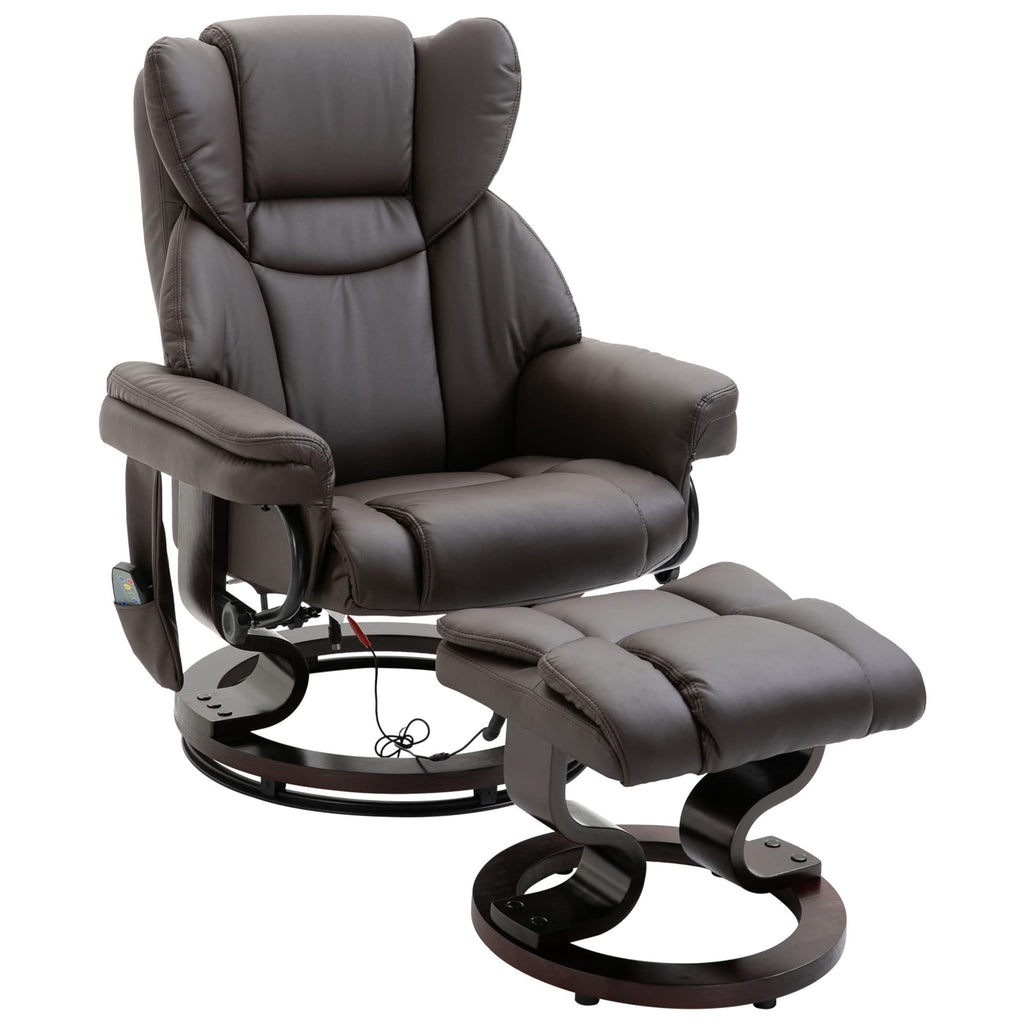 Recliner Chair with Ottoman Footrest, 10 Vibration Points, 360° Swivel Reclining Chair, Faux Leather Living Room Chair with Side Pocket and Remote Control, Brown