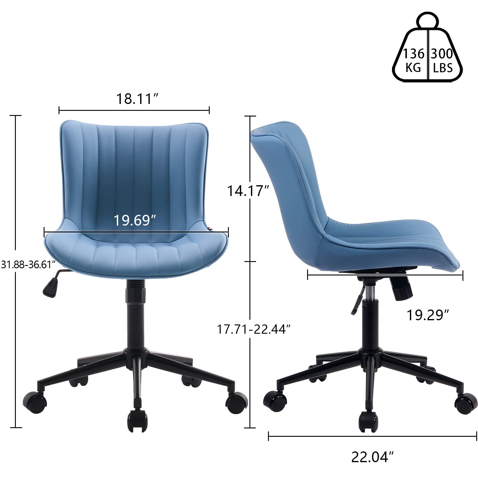 Blue Office Desk Chair with Wheels Comfy Armless Vanity Chair with Back Modern Small Faux Leather Upholstered Rolling Task Chair Cute Computer Drafting Sewing Chair Swivel Adjustable Compact