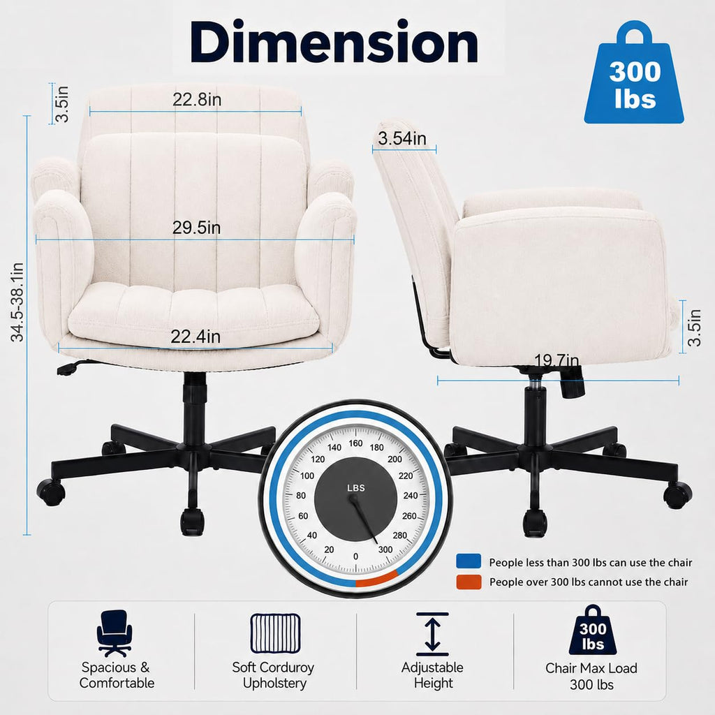 Criss Cross Office Chair with Wheels and Arms, Vanity Chair with Back, Comfy Swivel Cross Legged Office Chairs for Ultimate Comfort and Support, Unique Multifunctional Stylish Arms (Fabric Beige)