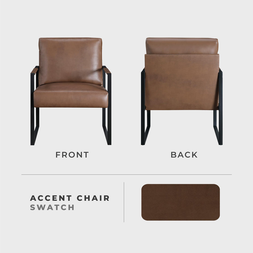 Modern Accent Chair, Faux Leather Upholstered Chair with Wrapped Armrests, Arm Chair with Black Metal Frame, Comfy Single Chair for Living Room/Bedroom/Reading Room/Office, Brown