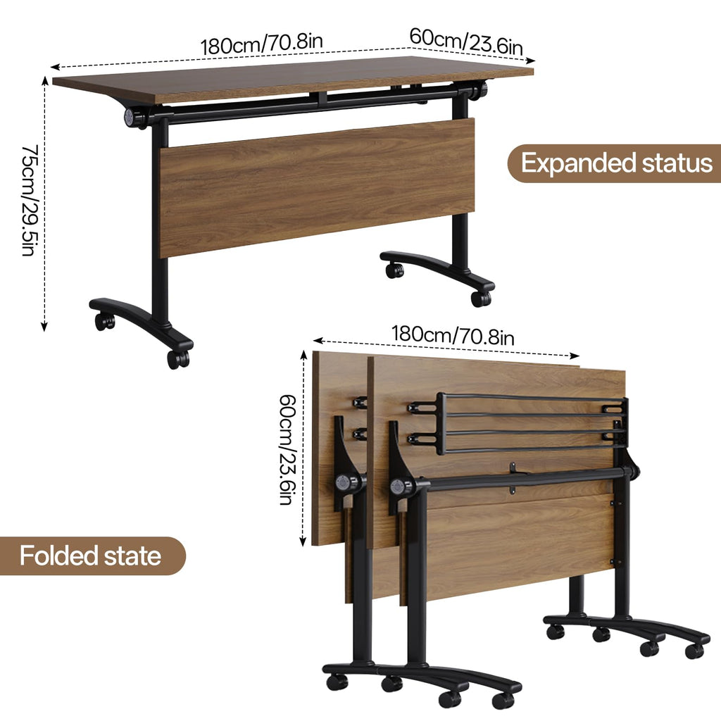 Folding Conference Table with Wheels, Flip-Top, 70.8in, 6 Pack, Walnut 1619