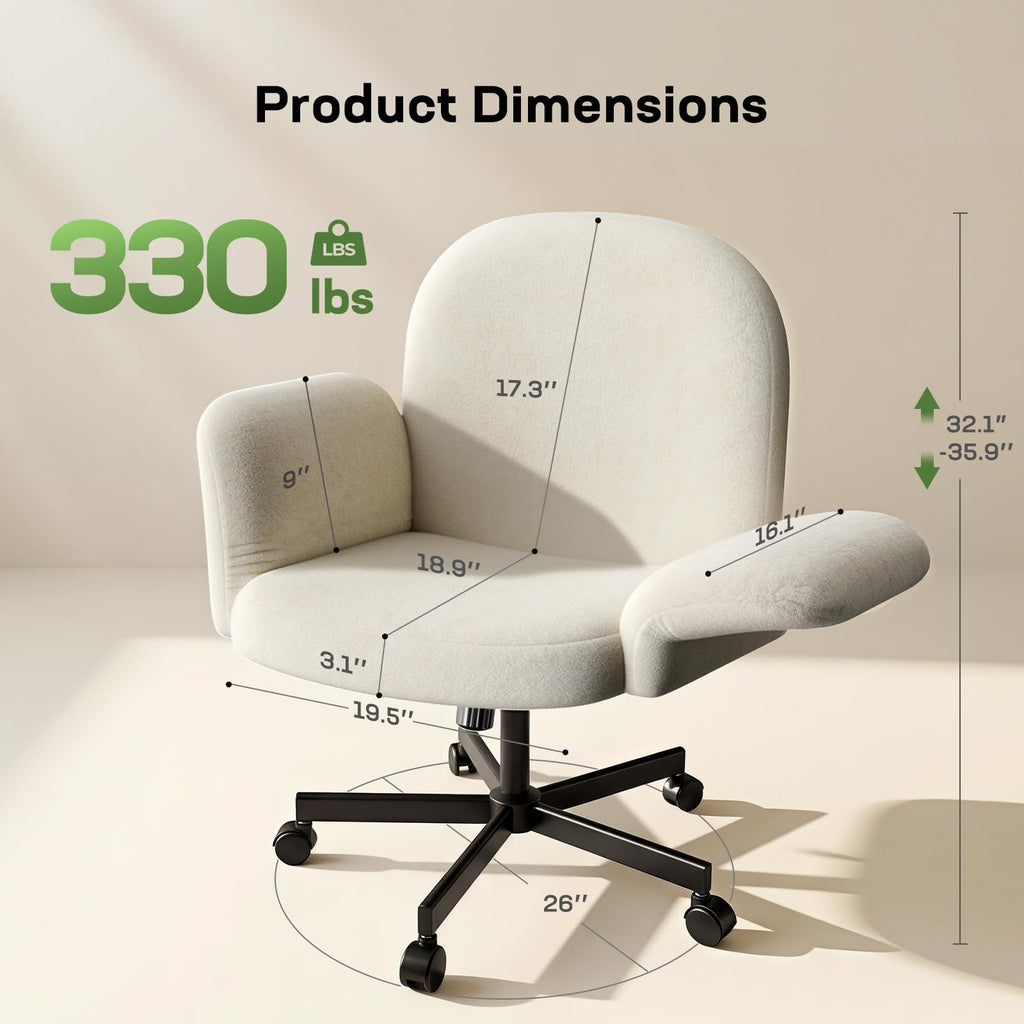 Criss Cross Office Chair with Adjustable Armrests & Wheels, Vanity Chair with Wide Cushion, Reclining Back, Soft Chenille Fabric, Desk Chair for Home Office, Makeup Room, Bedroom, White
