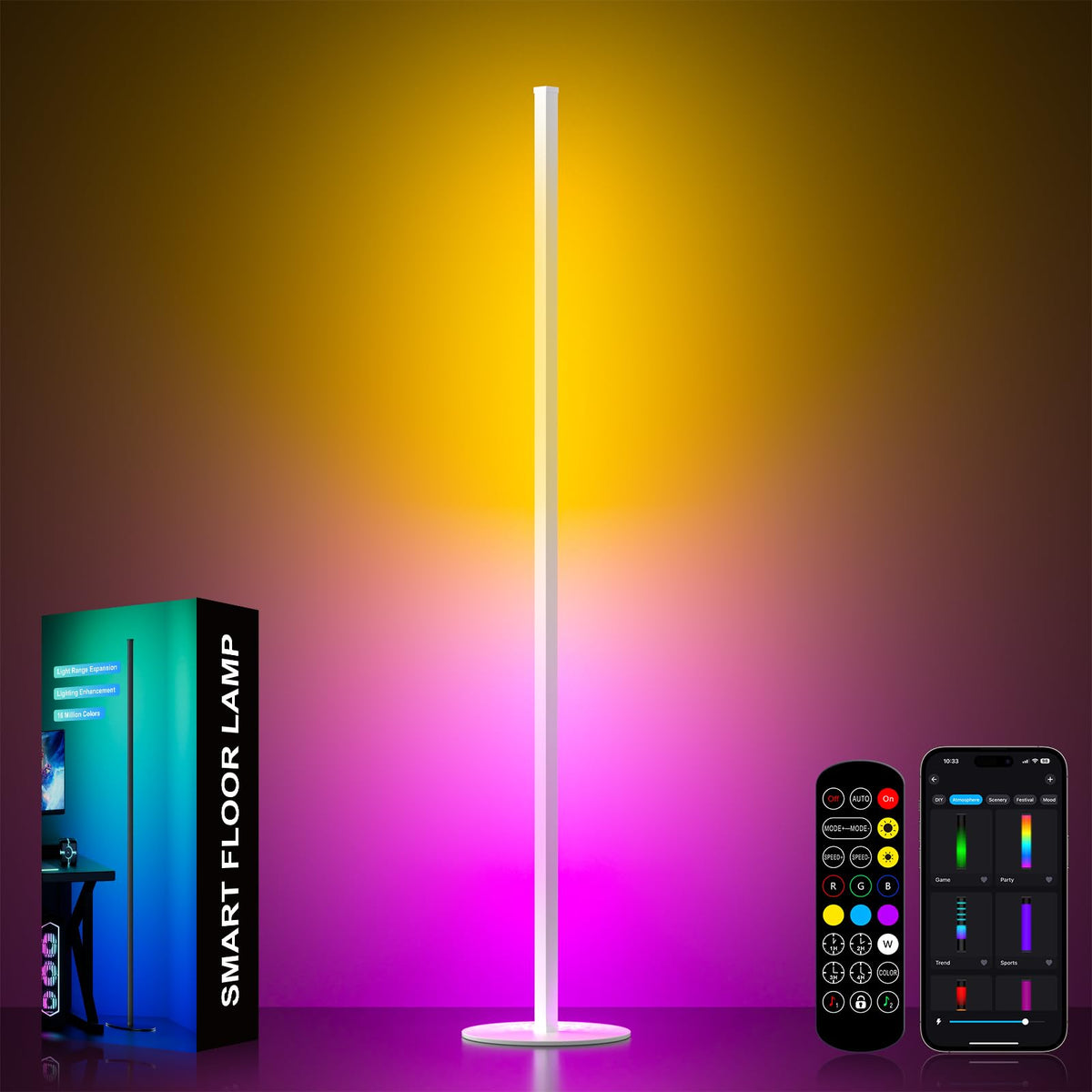 White Corner Floor Lamp, RGB IC Corner Lamp 55" APP & Remote Control with Music Sync, 16 Million Color and Timing, Color Changing Ambient Lighting for TV Living Room Bedroom Gaming
