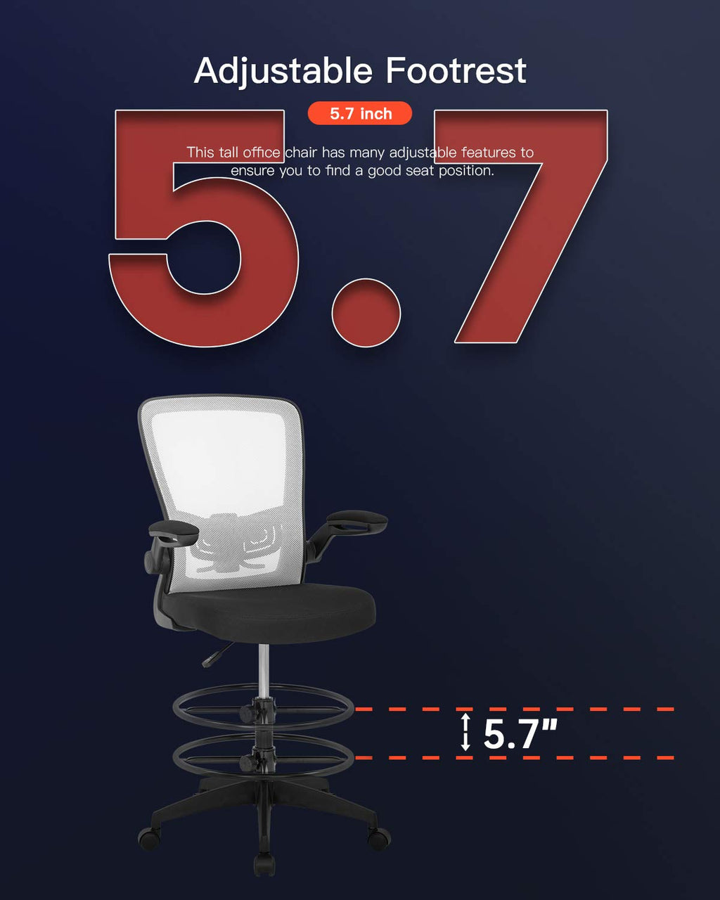 Drafting Chair Tall Office Chair Adjustable Height with Lumbar Support Arms Footrest Mid Back Standing Desk Chair with Swivel Rolling Mesh Stool White