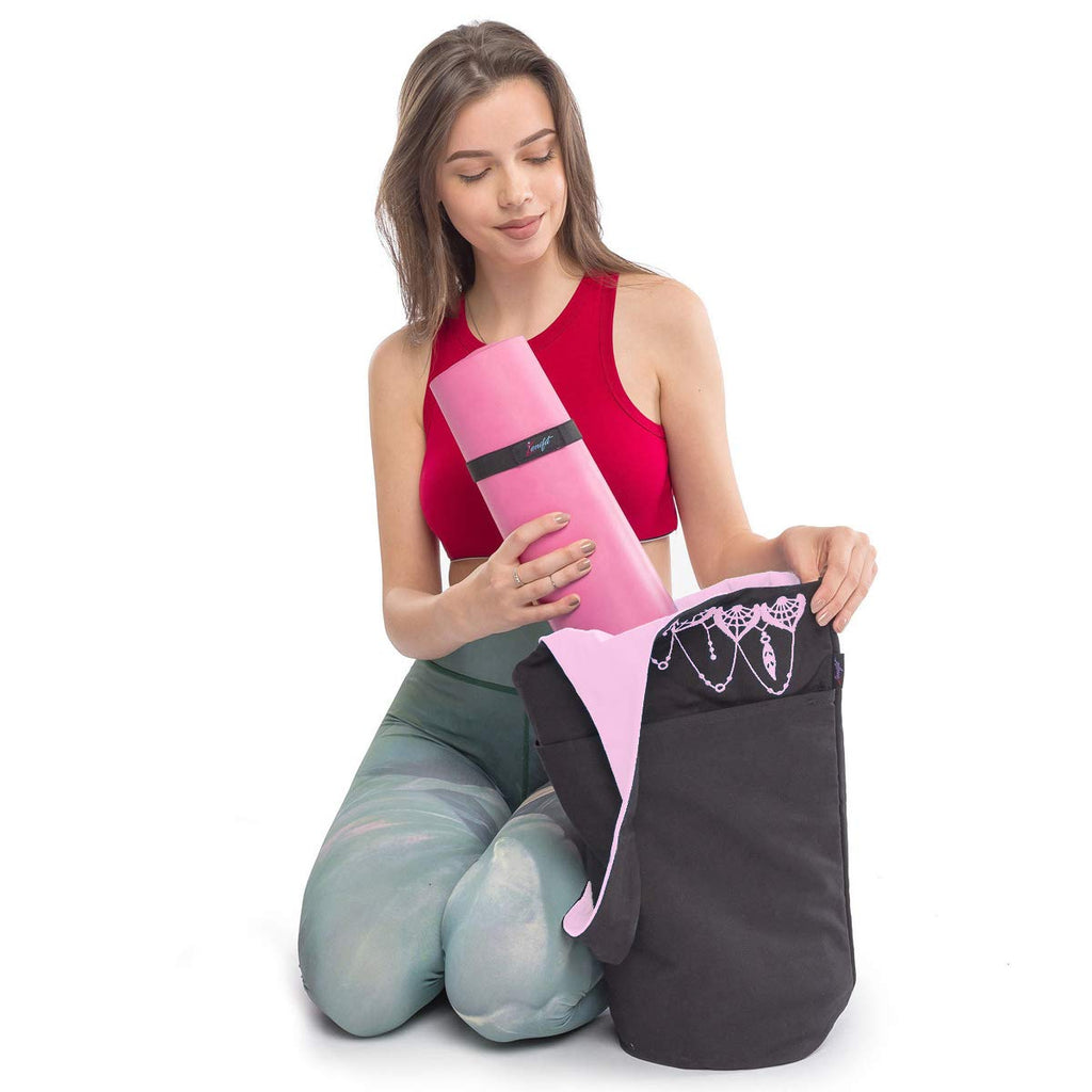 Yoga Mat Bag & Carrier with Pockets for Women, Black & Pink