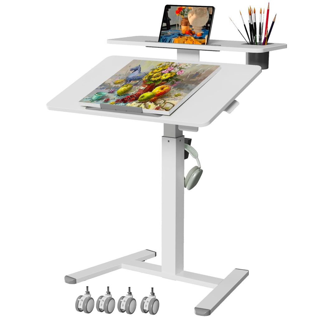 28Inch Mobile Standing Desk On Wheels， Rolling Laptop Stand with Tiltable Desktop， Small Computer Workstation Adjustable Height， 2-Tier Portable Study Table with Storage Shelves， White